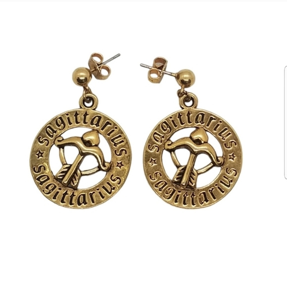 VINTAGE SAGITTARIUS ZODIAC SIGN COIN DROP EARRINGS - Picture 1 of 5